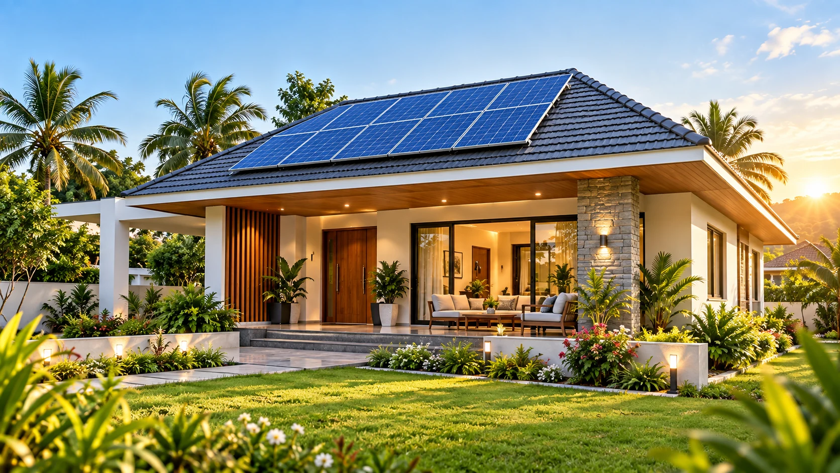 Solar panels installed on a bungalow roof
