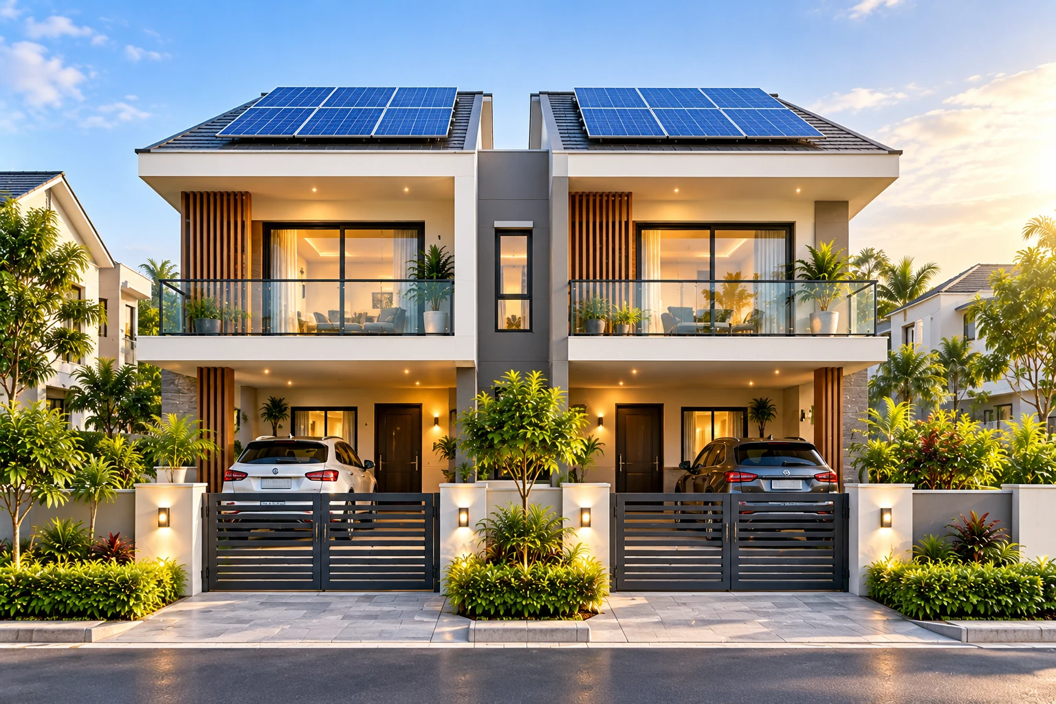 Solar panels on a two-storey duplex home