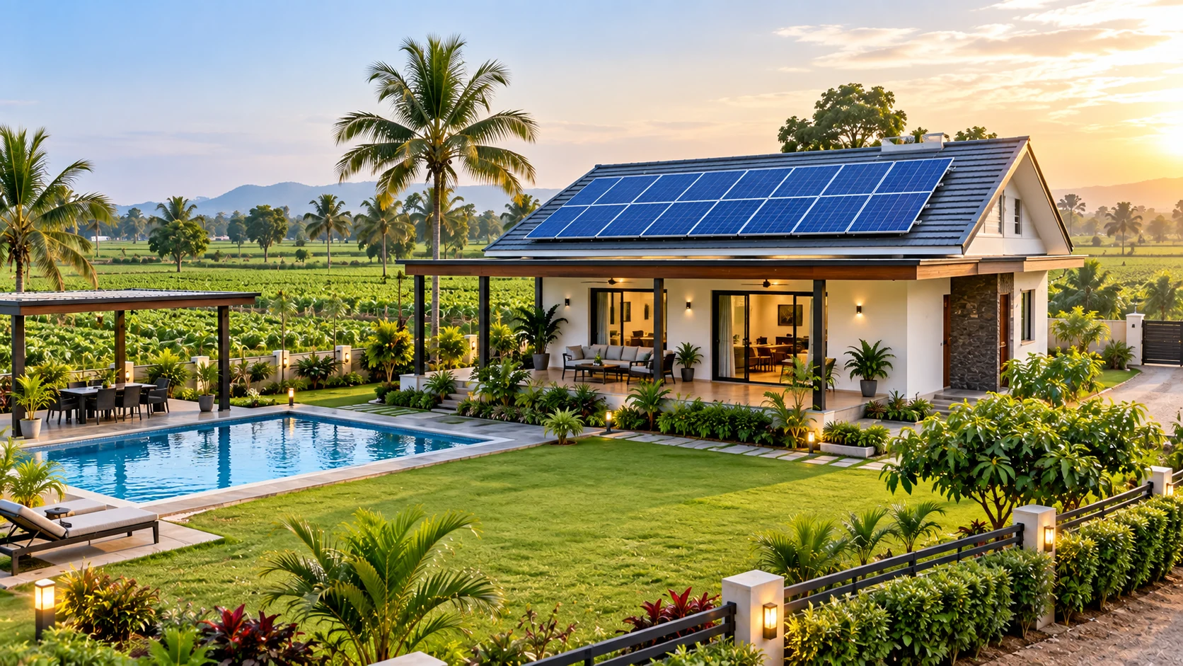 Off-grid solar setup on a farmhouse roof